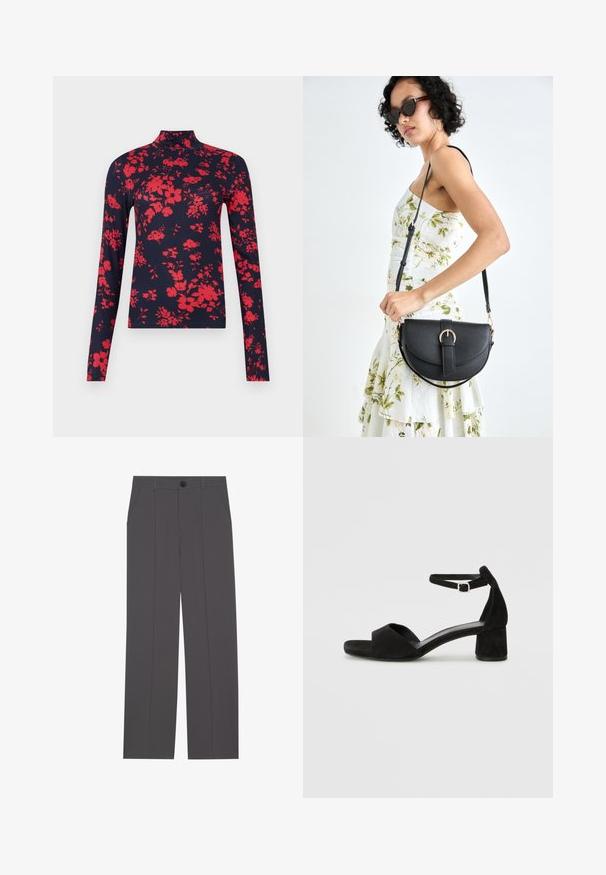 Granatowy top z długim rękawem i golfem z czerwonym kwiatowym wzorem, dopasowany krój i miękka tekstura, z wysokim dekoltem i smukłym fasonem.; Szare spodnie o prostym kroju nogawki, z dwoma bocznymi kieszeniami i zapięciem na guzik. Gładki materiał bez widocznych wzorów czy akcentów.; Czarne zamszowe sandały na obcasie z cienkim paskiem wokół kostki, otwartym noskiem i skromnym słupkowym obcasem. Gładka faktura i minimalne akcenty.; Czarna skórzana torebka o zakrzywionym kształcie, z odpinanym paskiem i złotymi akcentami. Torebka posiada klapę z zapięciem w kształcie klamry.
