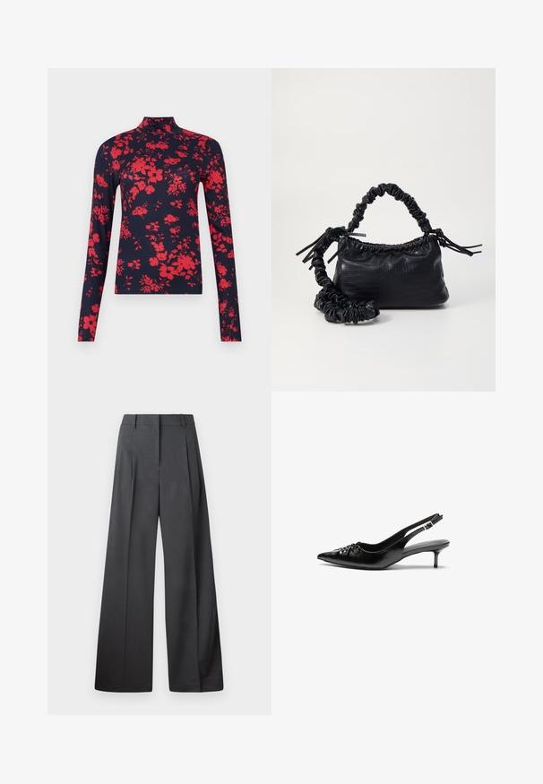 Mörkblå långärmad turtleneck-top med röd blommönster, åtsittande design och mjuk textur, med hög krage och smal passform.; Vida byxor i mörkgrått tyg, med hög midja, enkla veck och en mjuk yta med en ren finish vid fållen.; Svarta läder slingback klackar med spetsig tå, liten kittenklack och en dekorativ knutdetalj på framsidan. Slät textur hela vägen.; Svart faux läderhandväska med krokodiltextur, snodd topp och en skrämd rem. Ser mjuk och kompakt ut i designen.