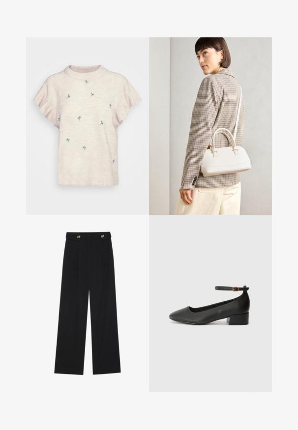 Modström OLAV - Camisola - cream milk; Calças largas pretas com cintura alta, detalhes em botão na cintura e pregas frontais.; Sandal de pele preta com bico pontiagudo e um salto bloco baixo. Apresenta uma tira no tornozelo com uma fivela em tom dourado. Textura suave.; Bolsa estruturada branca com alças curtas e uma alça de ombro, com detalhes em hardware dourado e material texturizado, exibida contra um fundo cinza.