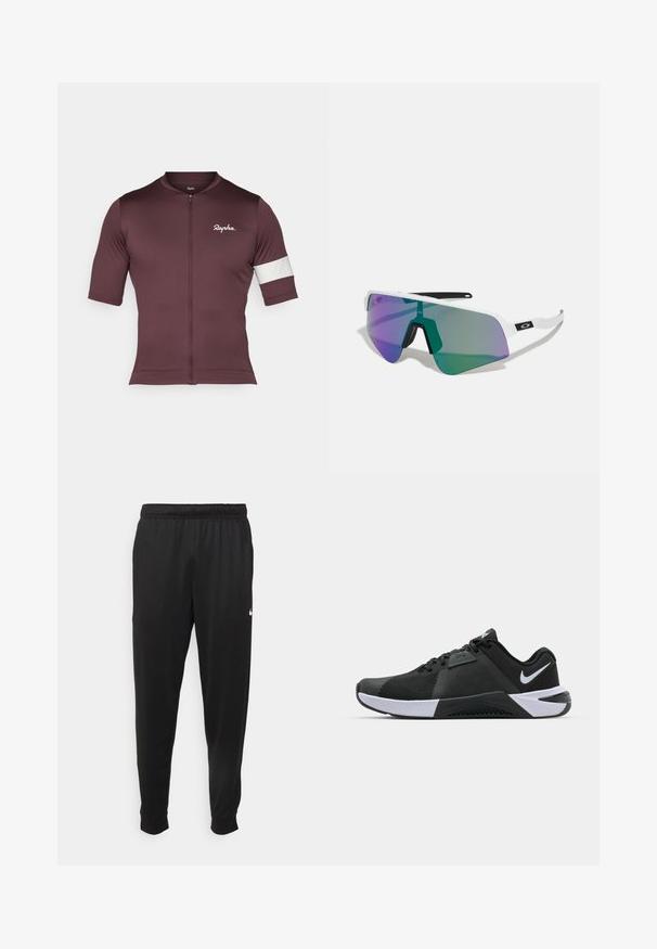 Burgundska kolesarska majica iz dihalnega materiala, z kratkim zadrgo, kratkimi rokavi in belimi črtami na rokavu.; Črne športne hlače iz gladkega materiala, z elastičnim pasom, zoženimi hlačnicami in majhnim belim logotipom na levi strani.; Nike Performance METCON 10 - Trening copati - black/white/anthracite; Športne sončna očala z belo okvirjem in velikimi gradientnimi lečami v vijoličnih in zelenih odtenkih; oster kotni oblikovan design s srednjim nosnim mostičkom.