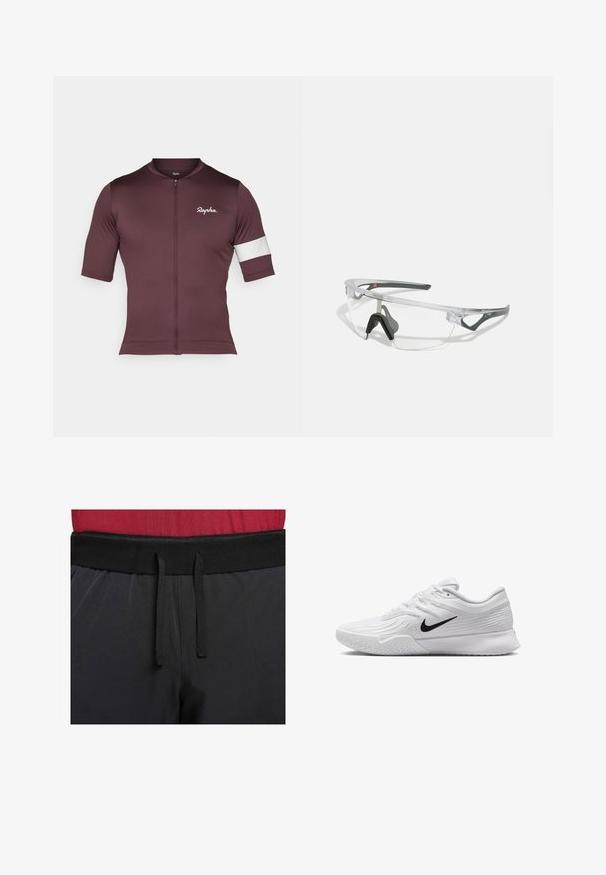Burgunderfarget sykkeltrøye laget av pustende stoff, med kort glidelås, korte ermer og en hvit stripet aksent på armen.; Sorte treningsbukser har en bred midje med en utvendig snor. Stoffet er glatt med en lett glans og uten synlige mønstre.; Hvit atletisk sko med teksturert mesh-overdel, svart Nike-svush, polstret krage og gummisåle med mønster.; Klare sikkerhetsbriller med en lett, gjennomsiktig ramme og grå detaljer. Har en innpakket design og justerbar nesestykke.