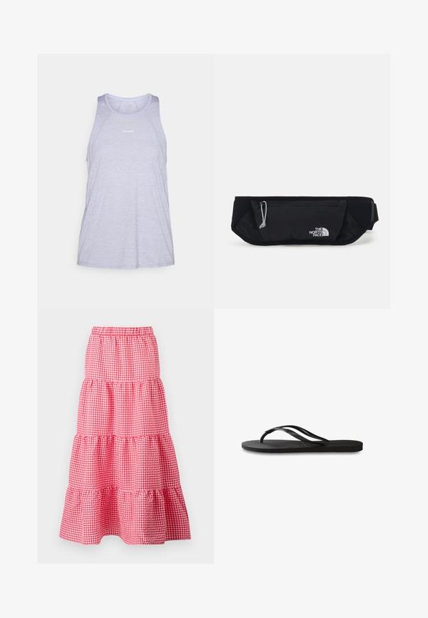 Lys lilla treningsskjorte, laget av pustende stoff, med rund hals, ermeløs design og minimalt logoakcent.; Rødt og hvitt rutet mønsteret på lagdelt skjørt med elastisk midjebånd og volangkant, som har tre sammenkrøllede lag. Laget av bomull.; Svart flip-flop med teksturert gummisåle, to slanke stropper og en subtil, preget logo på stroppen.; The North Face SUNRISER RUN BELT UNISEX - Rumpetaske - black/white