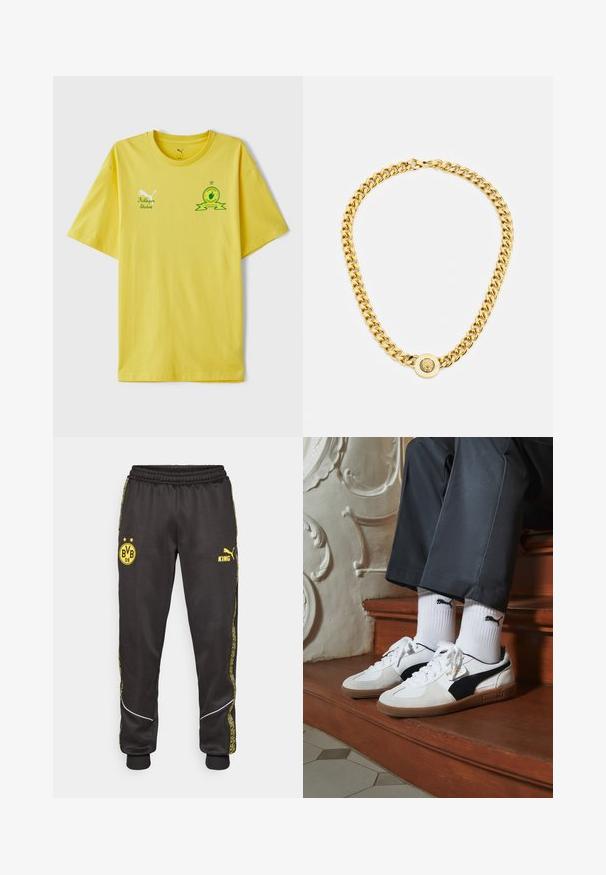 Geel katoenen t-shirt met korte mouwen. Heeft een groen geborduurd logo met een ster en lintdetails. Losse pasvorm, ronde hals.; Zwarte sportbroeken met gele logos van Borussia Dortmund BVB 09 en Puma King, een elastische tailleband en gestreepte gele zijpanelen.; Puma sneakers in wit en zwart suède, met een bruine rubberen zool. Gecombineerd met witte sokken met een zwart logo, gedragen met donkere broek.; Gouden ketting met grote onderling verbonden schakels, met een ronde hanger in het midden met een verhoogd embleem.