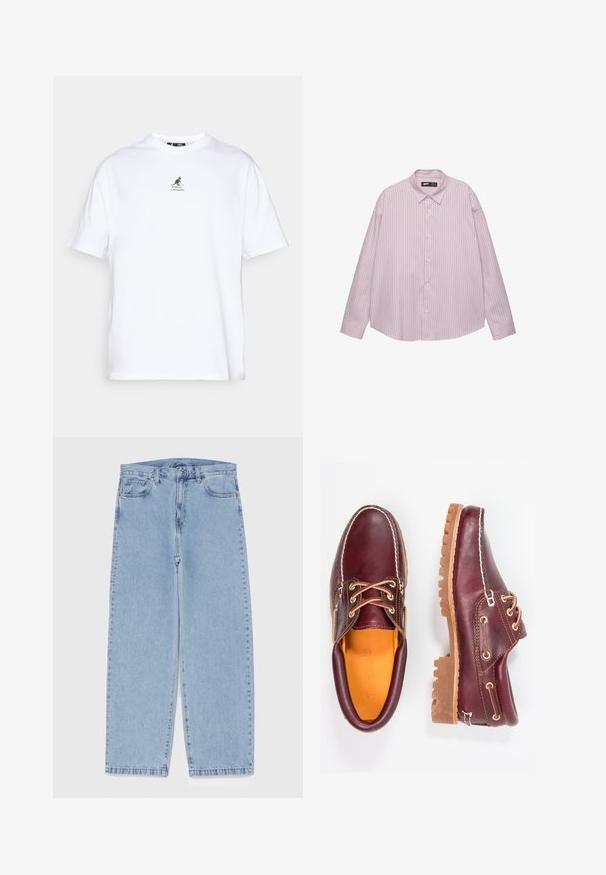 Biela bavlnená tričko s okrúhlym výstrihom, krátkymi rukávmi a čiernym klokankovým logom potlačeným na hrudi. Viacúčelový neformálny odev.; Svetloružová košeľa na gombíky s vertikálnymi modrými pruhmi, s golierom, dlhými rukávmi a voľným strihom. Vyrobená z hladkej tkaniny s jemným leskom.; Svetlomodré denimové džínsy s rovnými nohavicami, s polovysokým pásom, piatimi vreckami a zapínaním na gombík a zips.; Bordové kožené topánky s hnedými gumovými podrážkami, okrúhlou špičkou, bielym prešívaním a zlatými kovaniami. Interiér má žlté podšívku.
