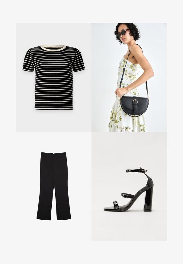 Sort og creme-stribet kortærmet t-shirt med ribbet struktur og rund halsudskæring. Striberne er jævnt fordelt og horisontale.; Sorte bukser med lige pasform, der har frontlommer og slidser i kanten. Lavet af blødt, glat stof. Velegnet til forskellige anledninger.; Sorte patenterede hælsandaler med firkantet tå, ankelremme og sølvspænder. Har en chunky blokHæl for stabilitet.; Sort læderhåndtaske med en buet form, aftagelig rem og guldfinish. Tasken har en klap med en spænde detalje.