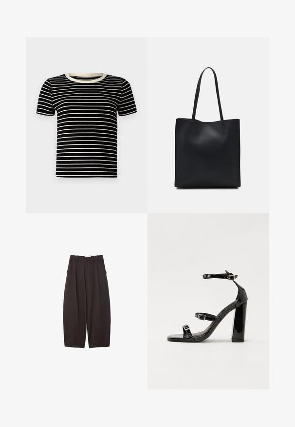 Schwarz- und cremegestreiftes T-Shirt mit kurzen Ärmeln, geripptem Material und rundem Ausschnitt. Die Streifen sind gleichmäßig verteilt und horizontal.; Schwarze weit geschnittene Hosen aus einem glatten Stoff, mit hoher Taille, Frontfalten und Seitentaschen. Schlichtes Design ohne Verzierungen.; Schwarze patentierte Sandalen mit Absatz, quadratischer Spitze, Knöchelriemen und silbernen Schnallen. Mit einem stabilen Blockabsatz für mehr Stabilität.; Schwarze Laptoptasche aus Leder mit glatter Textur, rechteckiger Form und zwei langen Griffen. Keine sichtbaren Beschläge oder Verzierungen.