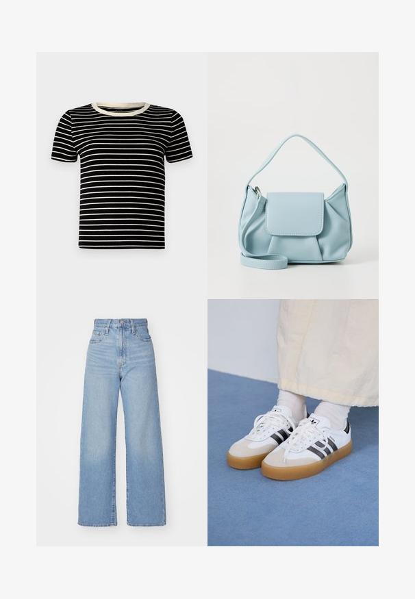 Black and cream striped short-sleeve t-shirt with a ribbed texture and a round neckline. The stripes are evenly spaced and horizontal.; Light blue high-waist wide-leg jeans with front button and zip closure, front and back pockets, on a white background.; White sneakers with black stripes and beige suede accents. Feature a textured gum sole and flat white laces, worn with light-colored socks.; Light blue leather handbag with a top handle, front flap pocket, and detachable wrist strap on a white background.