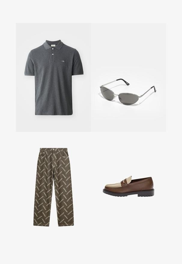Sötétszürke pólóing pamutból. Klasszikus gallérral, három gombos felső résszel, rövid ujjakkal és egy kis hímzett logóval a mellkasán.; Világos bézs színű, teljesen tollmintás khaki farmerek. Laza szabás, standard zsebekkel és kontrasztos varrási részletekkel.; Barna bőrloafer bézs bőr díszítéssel és varrott részletekkel. Alacsony, texturált fekete talppal és klasszikus dizájnnal rendelkezik.; Sötétített lencsékkel rendelkező napszemüveg, elegáns, ezüst színű fém vázzal, aerodinamikus kialakítással, hegyes szélekkel és vékony szárakkal.
