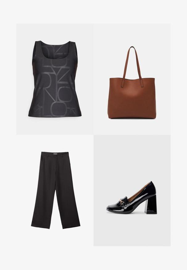 Czarny bezrękawnik z tonalnym wzorem geometrycznym. Wykonany z gładkiego materiału, ma okrągły dekolt i dopasowany krój.; Czarne spodnie z szerokimi nogawkami, wykonane z gładkiego materiału, z przednim zamkiem błyskawicznym i dwoma bocznymi kieszeniami, o dopasowanym kroju i minimalistycznym wzornictwie.; Czarne lakierowane szpilki z ostrym noskiem i słupkowym obcasem. Posiadają dekoracyjny pasek oraz detal klamry na cholewie.; Brązowa skórzana torba tote o gładkiej fakturze, z otwartym wierzchem i dwoma ramiączkami. Charakteryzuje się minimalnym przeszyciem i brakiem widocznych elementów metalowych.