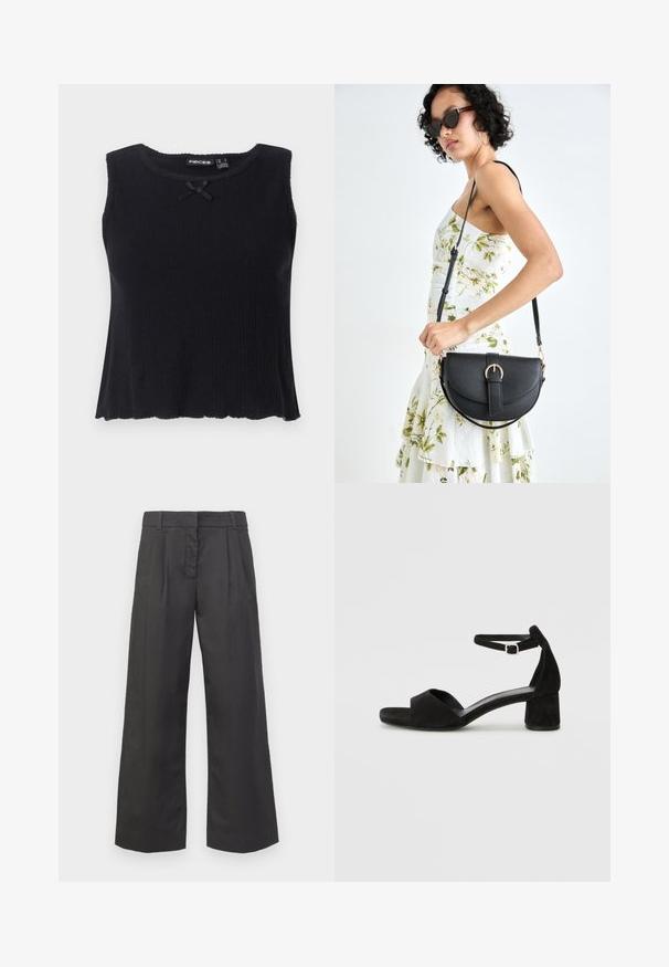 Top de malha preto com decote arredondado, design sem mangas e um pequeno laço preto na frente. Abertura em hem flared e material texturizado.; Calças de perna larga em tecido preto, com cintura alta, pregas frontais e bolsos discretos. Textura suave com um acabamento limpo.; Sandálias de salto alto em camurça preta com uma fina tira no tornozelo, design de ponta aberta e um salto bloco discreto. Textura suave e acentos mínimos.; Bolsa de couro preta com forma curva, alça destacável e detalhes em dourado. A bolsa possui uma aba com detalhe de fivela.