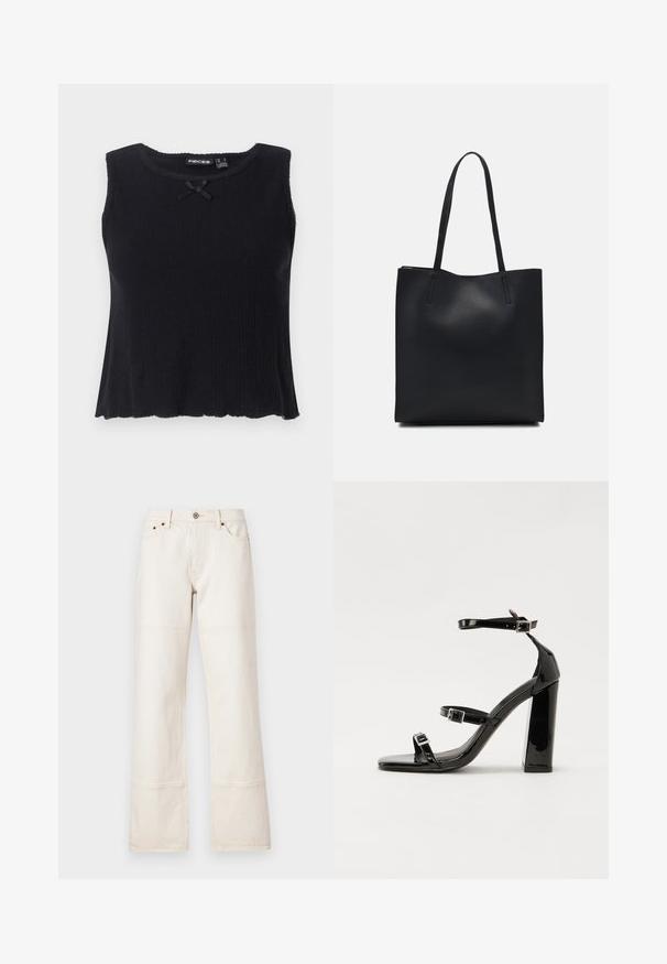 Fekete bordás ujjatlan top kerek nyakkivágással, elöl egy kis fekete masnival díszítve. Bővülő alj és texturált anyag.; Bő szárú, magas derekú farmer világos bézs színben. Zsebekkel, elülső gombos záródással és ellentétes színű varrással a varratok mentén.; Fekete lakk magas sarkú szandál négyzet alakú orral, bokapántokkal és ezüst csatokat tartalmaz. Masszív blokk sarka a stabilitásért felel.; Fekete bőrtáska sima felszínnel, téglalap alakú, két hosszú füllel. Nincs látható fémkiegészítő vagy díszítés.