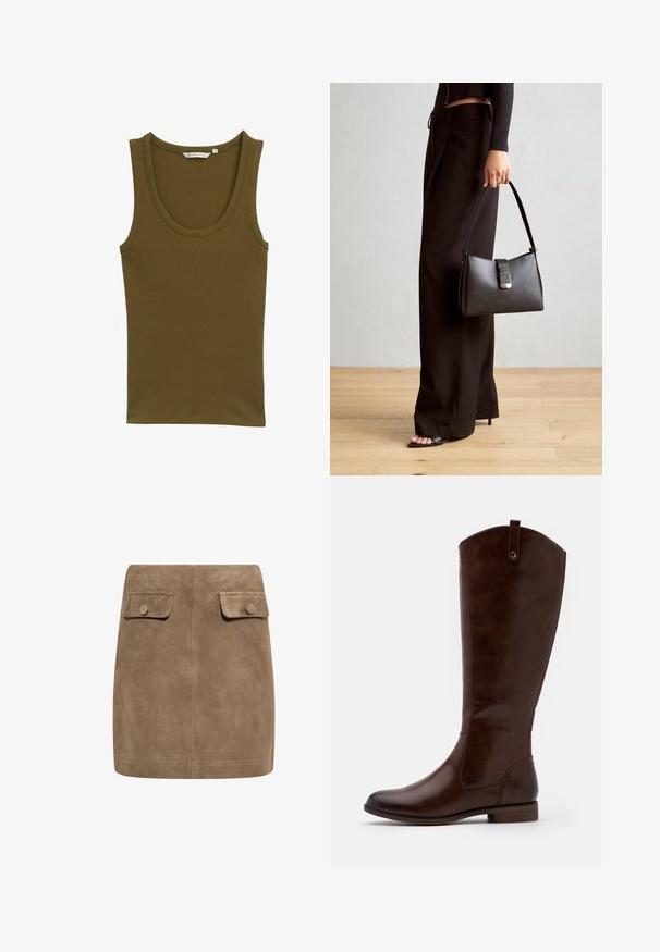 oliwkowy top na ramiączkach wykonany z prążkowanej tkaniny, z okrągłym dekoltem i szerokimi ramiączkami, prosty krój i bez dodatkowych detali.; Brązowa zamszowa mini spódnica o gładkiej fakturze, z dwiema przednimi kieszeniami na klapki oraz zapięciem na guziki po obu stronach. Prosty, prosty krój.; Brązowe botki za kolano wykonane z gładkiej skóry, z zaokrąglonym noskiem, niskim, klejonym obcasem oraz subtelnym wzorem przeszyć po bokach.; Czarna torebka o usztywnionym kształcie, gładkiej fakturze i metalowym zapięciem. Połączona z szerokimi czarnymi spodniami i sandałami na otwartym palcu na drewnianej podłodze.