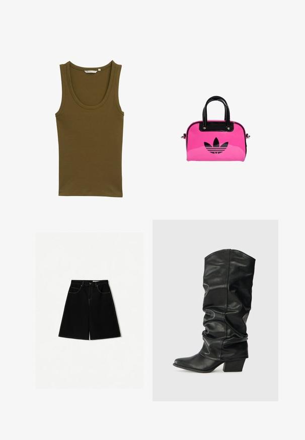 Oliivivärinen hihaton paita, joka on valmistettu röyhelöisestä kankaasta. Siinä on pyöreä pääntie ja leveät olkaimet, suora helma eikä ylimääräisiä yksityiskohtia.; Mustat farkkushortsit, joissa on väljä malli, viisi taskua, keltaiset tikkauskoristeet ja keskipitkä vyötärödesign.; Mustat nahkaiset polvipituiset saappaat, joissa on renksumainen muotoilu, terävä kärki ja paksu korko, jotka omaavat sileän pinnan ja minimaalisen ompeleen.; Vaaleanpunainen lakattu käsilaukku, jossa on musta logo ja kahvat, pyöreä muoto ja vetoketjusuljin. Kiiltävä pinta parantaa näkyvyyttä.