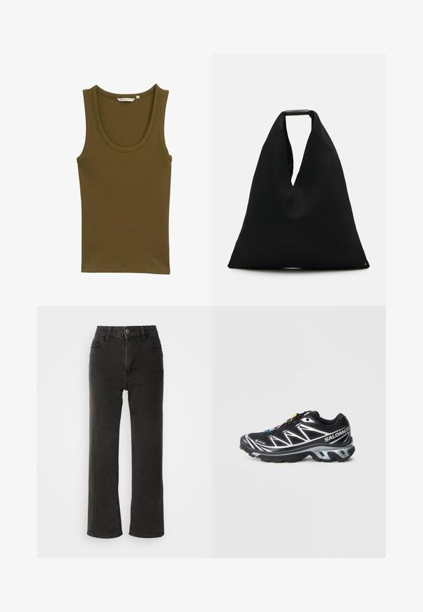 Olivinės spalvos tankų marškiniai, pagaminti iš lygaus audinio, su apvaliu kaklu ir plačiomis petnešomis, tiesiu apvadu ir be papildomų detalių.; Juodi plačios kojų džinsai, pagaminti iš džinsinio audinio, su priekiniais sagčių užsegimais, diržo kilpomis ir penkiomis kišenėmis, turinčiomis šiek tiek išblukusį tekstūrą.; Juodas bėgimo batai su sidabrinėmis detalėmis, GORE-TEX medžiaga, tekstūruota padas ir spalvoti raišteliai. Yra minkštas kulnas, suteikiantis paramą.; Juodas audinio rankinis krepšys su unikaliu V formos dizainu ir glotnia tekstūra. Turėdamas trumpą rankeną su minimalistišku detalizavimu.