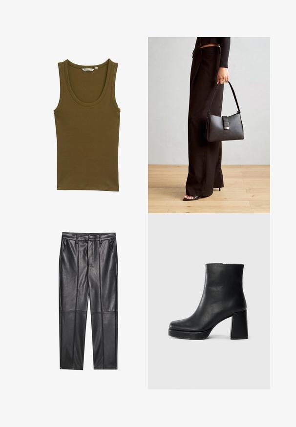 Olivgrünes Tanktop aus Rippstoff mit rundem Halsausschnitt und breiten Schulterträgern, geradem Saum und ohne zusätzliche Details.; Schwarze Lederhosen mit glatter Textur, gerader Passform, zwei Fronttaschen und sichtbaren Nahtdetails.; Schwarze Leder-Stiefelette mit Blockabsatz und Plattformsohle, seitlich auf einem schlichten weißen Hintergrund betrachtet.; Schwarze Handtasche mit strukturierter Form, glatter Textur und einem metallischen Verschluss. Kombiniert mit weiten schwarzen Hosen und offenen Sandalen auf einem Holzboden.