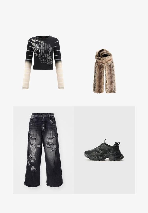 Long-sleeve black shirt featuring a skull graphic, ornate accents, and striped gradient sleeves transitioning to beige with gray lines.; High-waisted, wide-leg jeans in faded black denim, featuring ripped details on front, a button closure, and five-pocket design.; Even&Odd Wide Fit MAURITANIA - Trainers - black; Faux fur scarf in shades of brown with a soft texture, featuring a wide design and an unstructured wrap shape, offering warmth and comfort.