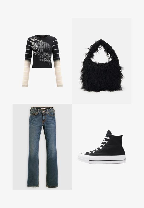 Zwarte longsleeve shirt met een schedelafbeelding, sierlijke accenten en gestreepte mouwen die overgaan van beige naar grijs.; Blauwe denim bootcutjeans met voor- en achterzakken, knoop- en ritsluiting, en subtiele vervaagde details op de dijen en knieën.; Hoge zwarte canvas sneaker met witte oogjes, veters en rubberen zool. Beschikt over een gestructureerde neuskap en zwart-witte streepaccenten.; Even&Odd Shopper - black