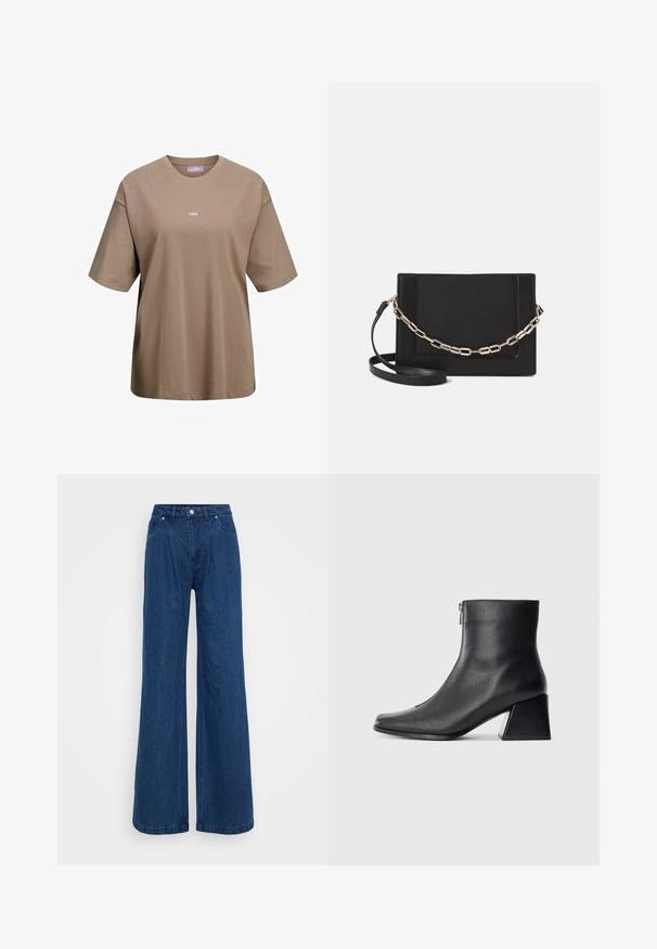Khaki brown short-sleeve t-shirt made of cotton, featuring a round neckline and a small white logo "JJXX" on the front.; Wide-leg blue denim jeans with a high waist, front button and zipper closure, and front and back pockets against a plain background.; Black leather ankle boot with square toe, side zipper, and block heel against plain light background.; Black leather crossbody bag featuring a smooth texture, rectangular shape, and a metallic chain detail on the front. Adjustable strap included.; Silver double-band ring with a smooth, polished surface. Features a fluid, curved design with overlapping sections for a modern look.