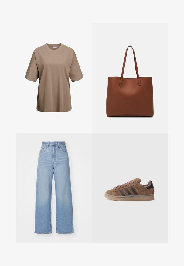 T-shirt de manga curta em castanho caqui, feito de algodão, com um decote redondo e um pequeno logótipo branco "JJXX" na frente.; Jeans de cintura alta e perna larga em azul claro, com fecho frontal de botão e zíper, bolsos frontais e traseiros, sobre um fundo branco.; Tênis de camurça castanha com três riscas escuras, parte frontal com atacadores texturizados e calcanhar preto contrastante. Conta com sola de borracha e marcação dourada.; Bolsa tote de couro castanho com uma textura suave, design de abertura superior e duas alças para o ombro. Apresenta costura mínima e sem hardware visível.