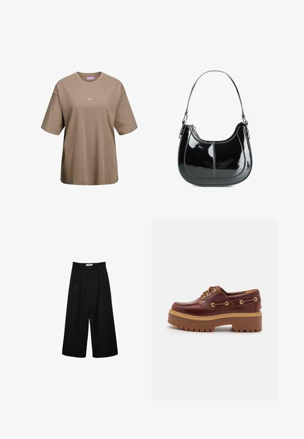 Kaki-brun kortärmad t-shirt i bomull med rund halsringning och en liten vit logotyp "JJXX" framtill.; Svarta vida byxor med hög midja, plisserad front och knappstängning. Tillverkade av ett mjukt tyg med skräddarsydd design.; Brun läderskärgårdssko med en kraftig brun gummisula, guldfärgad ögla och kontrasterande sömmar. Har en logotyp på sidan.; Svart lackläderhandväska med en böjd design, dragkedjestängning och ett enda axelband med detaljer i silverfärgade metall och sömnadsaccenter.