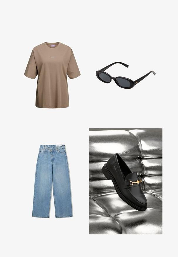 Khaki hnědé tričko s krátkým rukávem vyrobené z bavlny, s kulatým výstřihem a malým bílým logem "JJXX" na přední straně.; Světlé modré široké džínové kalhoty vyrobené z denimu, s vysokým pasem, pěti kapsami, knoflíkovým zapínáním a jemným vyblednutím pro texturu.; Černé kožené loafery s detaily zlatého kovu. Obuv má elegantní design a hladký, lesklý povrch.; Černé oversized sluneční brýle s oválnými čočkami, hladkým plastovým rámem a zlatými akcenty na spáncích. Tmavé čočky poskytují ochranu před sluncem.; Měkká hnědá kabelka ve stylu hobo s jedním širokým popruhem a zakřiveným horním otvorem, vystavená na bílém pozadí.