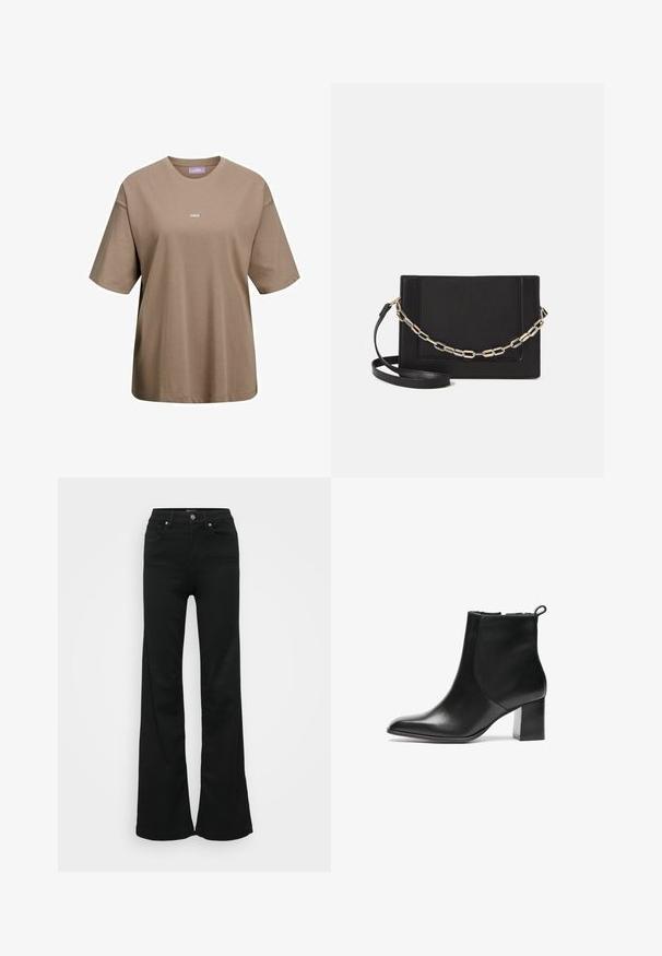 Khaki-braunes T-Shirt mit kurzen Ärmeln aus Baumwolle, mit rundem Halsausschnitt und einem kleinen weißen Logo "JJXX" auf der Vorderseite.; Schwarze, ausgestellte Jeans aus Denim, mit hoher Taille, fünf Taschen und Metallknopfverschluss. Glatte Textur mit minimaler Gestaltung.; Schwarze Leder-Ankle-Boots mit runder Spitze, moderatem Blockabsatz und einer Schlaufe an der Rückseite. Glatte Textur, minimales Design.; Schwarze Leder-Crossbody-Tasche mit glatter Textur, rechteckiger Form und metallic-kettendetail auf der Vorderseite. Verstellbarer Gurt inklusive.