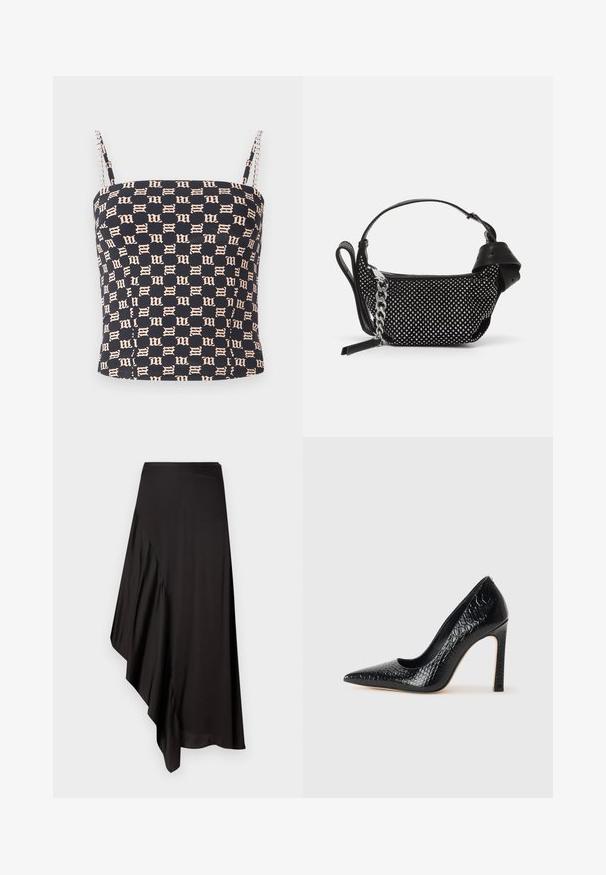 MISBHV MONOGRAM SPAGHETTI - Top - black/beige; AERON ASTER SKIRT - Bleistiftrock - black; Schwarzer, spitz zulaufender High Heel mit Krokodilleder-Struktur, elegantem Design, hohem Stiletto-Absatz und glattem schwarzen Innenraum.; Schwarze Handtasche mit Nietenverzierungen, einer Kettenriemen und einem glatten Ledergriff, in runder Form und mit einem Reißverschlussfach.