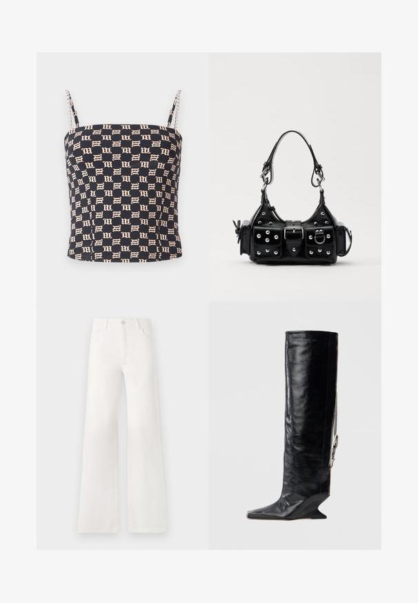 MISBHV MONOGRAM SPAGHETTI - Top - black/beige; Weiße, hoch taillierte, weite Jeans aus Denim. Verfügt über einen Knopfverschluss, zwei Fronttaschen und Seitennähte mit Stickdetails.; Schwarz kniehoher Lederstiefel mit spitz zulaufender Zehenpartie, einzigartigem Keilabsatz und seitlichem Kettenakzent. Glatte Textur mit glänzendem Finish.; Schwarze Lederhandtasche mit einem geschwungenen Design, verziert mit silbernen Nieten, einer Schnalle und zwei seitlichen Taschen. Verstellbarer Träger für verschiedene Tragemöglichkeiten.