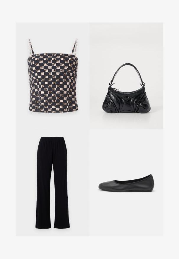 MISBHV MONOGRAM SPAGHETTI - Topp - black/beige; Mustad, kerge, elastse vööügiga püksid sirge sääre disainiga. Pehme tekstuur, ilma nähtavate mustrite või detailideta. Lihtne ja mitmekesine stiil.; Musthave mustika tantsutossud mustast nahast, ümmarguse varbaga, siledast tekstuurist, minimaalse õmblusdetailiga ja paindliku tallakujundusega.; Musta kott, mis on valmistatud tekstureeritud nahast ja omab ümarat kuju. Sellel on õhuke õlarihm ja dekoratiivsed reljeefmustrit.