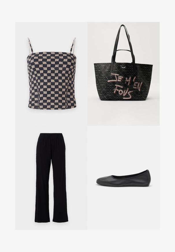 MISBHV MONOGRAM SPAGHETTI - Top - black/beige; Schwarze, leichte, elastische Hose mit geradem Bein. Weicher Stoff ohne sichtbare Muster oder Akzente. Schlichter und vielseitiger Stil.; Schwarze Leder-Ballettschuhe mit abgerundeter Spitze, glatter Textur, minimalen Nähdetails und einem flexiblen Sohlen-Design.; Schwarze Tote-Bag aus strukturiertem Material mit Rautenmuster, Schulterriemen und auffälligem roten und weißen Text "JE M'EN FOUS."