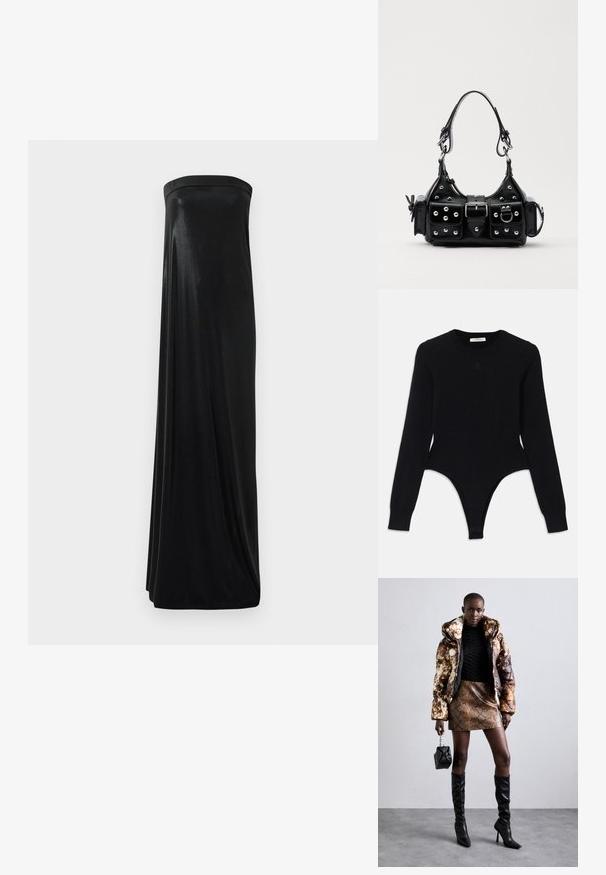 Musthave musta pikkade varrukatega bodi ümmarguse kaelusega, tugevdatud disainiga ja stringsistiilis alumine osa. Valmistatud pehmest ja elastse kangast, et tagada mugavus.; Must have rihmatu maksi kleit, mis on valmistatud siledast, läikivast kangast. Omab õhulist bodi ja voogavat siluetti, ulatudes põrandani ilma kaunistusteta.; Põuejope pruuni ja musta mustriga, kokku sobitatud pruuni madu nahast mini-seelikuga, mustade reie kõrguste saapadega ja väikese musta kotiga.; Must värvi nahast käekott, millel on kaarjas disain, hõbedased nupukesed, kinnitusahe ja kaks külgtaskut. Reguleeritav rihm erinevate kandmisvõimaluste jaoks.