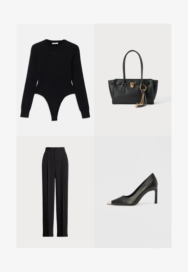 Crna bodi dugih rukava s okruglim izrezom, u obliku prilagođenom tijelu, s donjim dijelom u stilu tangi. Izrađen od mekane, elastične tkanine za udobnost.; Crne krojene hlače s visokim strukom, s naborima sprijeda, ravnim krojem i običnim rubom. Izrađene od glatkog materijala.; Crna kožna cipela s visokim potpeticama, špicastim vrhom i metalnim srebrnim vrhom. Ima glatku završnu obradu i tanku petu visine 10 cm.; Crna kožna torba s dvostrukim ručkama, zlatnom bravicom i lancem kao detaljem, te crno-bijelim resicom kao dodatkom, sve na bijeloj pozadini.
