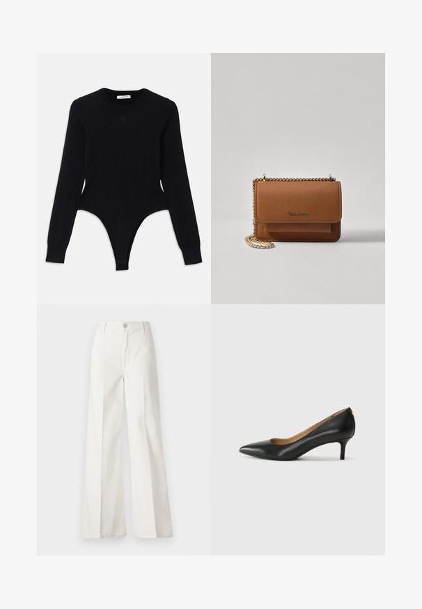 Juodas ilgomis rankovėmis bodis su apvaliu iškirpimu, prigludusia siluetu ir thong tipo apačia. Pagamintas iš minkštos, elastinės medžiagos, užtikrinančios komfortą.; Balti platūs baltos spalvos keliai, pagaminti iš medvilnės su lygiu paviršiumi. Yra priekinis mygtukas, užtrauktukas ir keturi kišenės.; Juodos odinės aukštakulnės bateliai su smailiu nosiu, žemu kulnu ir lygiu paviršiumi. Priekyje yra nedidelis atvirumas, o gale minimalus apdaila.; Ruda tekstūruota odinė per petį nešama rankinė su auksiniu grandininiu dirželiu ir užlenkiamo užsegimo. Priekinėje pusėje yra logotipo detalė ir kišenė po užlenkimu.