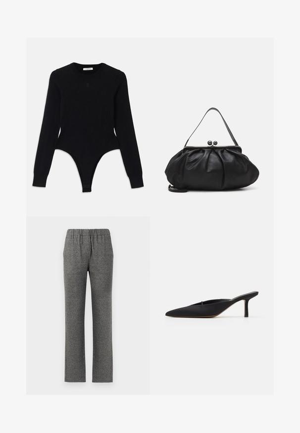 Zwarte lange mouwen body met een ronde halslijn, fitted ontwerp en een thong-stijl onderkant. Gemaakt van zachte, elastische stof voor comfort.; Grijze, gestructureerde broek met elastische tailleband en recht gesneden design. Bevat een subtiel patroon voor extra visuele interesse.; Zwarte muiltje met spitse neus en een strak ontwerp, gemaakt van gladde stof, met een slanke hak en open achterkant voor gemakkelijk aan- en uittrekken.; Zwarte leren handtas met een afgerond, geplooid ontwerp. Voorzien van een metalen sluiting met twee decoratieve bollen en een smalle, afneembare schouderband.