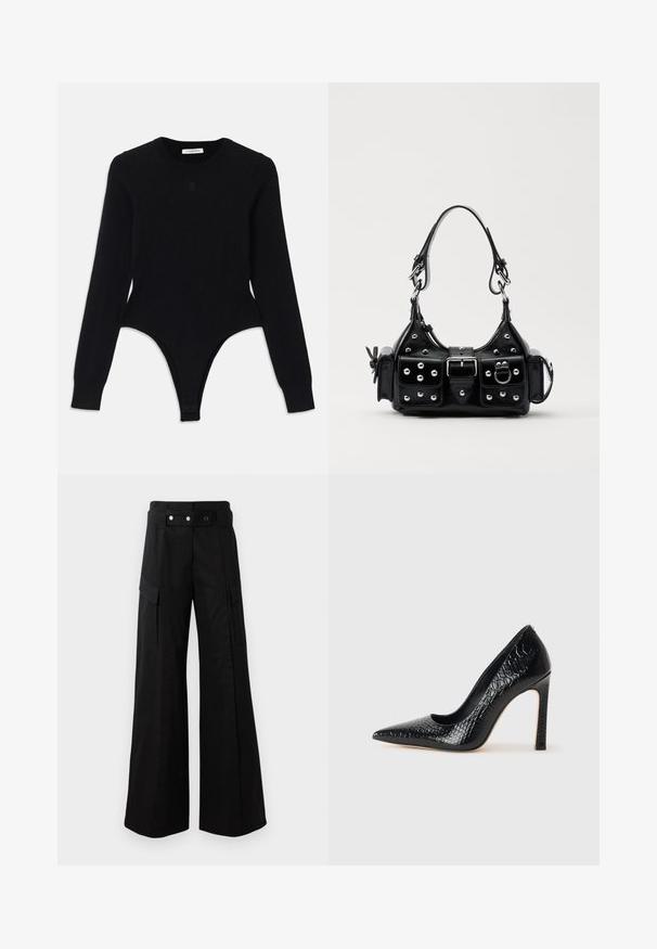 Schwarzer Langarm-Bodysuit mit rundem Ausschnitt, figurnaher Passform und Tanga-Style. Hergestellt aus weichem, elastischem Material für hohen Tragekomfort.; Schwarze weit geschnittene Hose mit hohem Bund, großen Seitentaschen, zwei vorderen Knöpfen und einer Schlaufen-Detail. Aus robustem Stoff gefertigt.; Schwarzer, spitz zulaufender High Heel mit Krokodilleder-Struktur, elegantem Design, hohem Stiletto-Absatz und glattem schwarzen Innenraum.; Schwarze Lederhandtasche mit einem geschwungenen Design, verziert mit silbernen Nieten, einer Schnalle und zwei seitlichen Taschen. Verstellbarer Träger für verschiedene Tragemöglichkeiten.