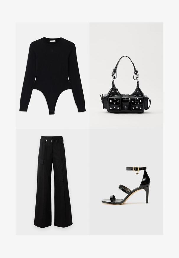Black long-sleeve bodysuit with a round neckline, fitted design, and thong-style bottom. Made from soft, elastic fabric for comfort.; Black wide-leg pants with a high waistband, featuring large side pockets, two front buttons, and a loop detail. Made from sturdy fabric.; Black patent leather sandal with three straps, ankle buckle, and 4-inch stiletto heel. Features gold hardware detail and logo charm.; Black leather handbag with a curved design, featuring silver studs, a buckle, and two side pockets. Adjustable strap for carrying options.
