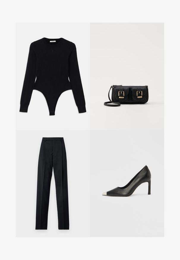 Juodas ilgomis rankovėmis bodis su apvaliu iškirpimu, prigludusia siluetu ir thong tipo apačia. Pagamintas iš minkštos, elastinės medžiagos, užtikrinančios komfortą.; Juodos kelnės iš lygaus audinio, pasižyminčios aukštu liemeniu, plačiomis kojomis, priekinėmis klostėmis ir klasikiais diržo kilpomis. Šoninių kišenių nematyti.; Juodas odinis aukštakulnis batelis su smailia nosimi ir metaliniu sidabriniu galiuku. Turi lygų paviršių ir ploną 10 cm kulną.; Juodas odinis per petį nešiojamas krepšys su dviem priekiniais kišenėmis, auksiniais sagtimis, užtrauktuko uždarymu ir siauromis petnešomis. Textūruota paviršius ir kompaktiškas stačiakampis formatas.