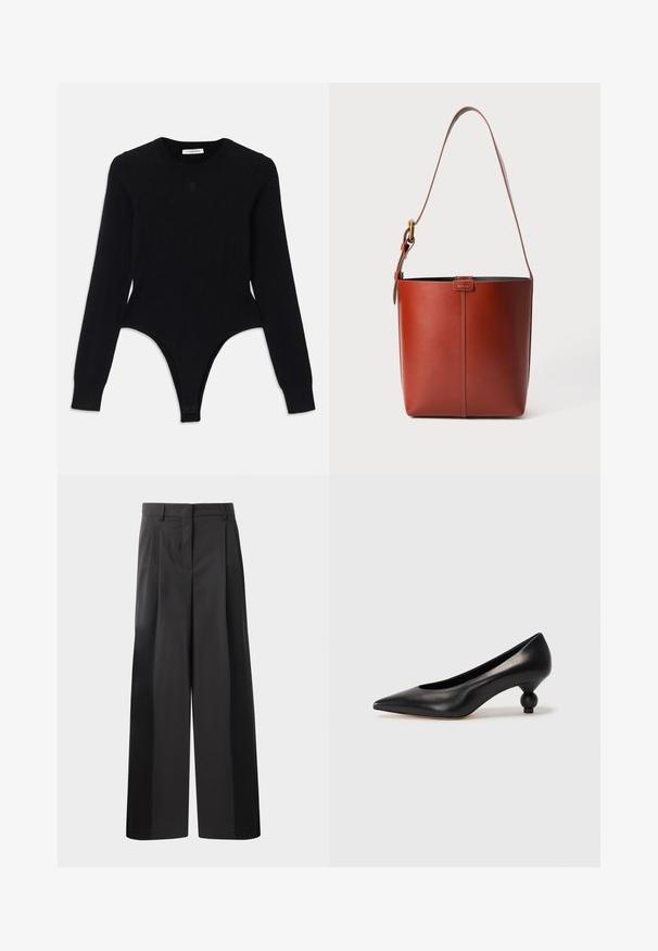 Black long-sleeve bodysuit with a round neckline, fitted design, and thong-style bottom. Made from soft, elastic fabric for comfort.; Black wide-leg trousers with a high waist, featuring front pleats, a smooth texture, and a tailored finish. Designed for a relaxed fit.; Black leather high heel shoe with a pointed toe and a round, balled heel. Smooth texture with a sleek, minimal design.; Brown leather bucket bag with adjustable shoulder strap and gold-tone buckle, simple vertical seam detail on front.