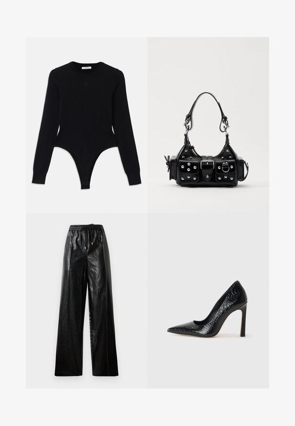 Schwarzer Langarm-Bodysuit mit rundem Ausschnitt, figurnaher Passform und Tanga-Style. Hergestellt aus weichem, elastischem Material für hohen Tragekomfort.; Schwarze Leder-Hosen mit weitem Beinschnitt, elastischem Taillenbund, Kordelzug und goldenen Hardware-Akzenten. Glatte Textur und lockerer Schnitt.; Schwarzer, spitz zulaufender High Heel mit Krokodilleder-Struktur, elegantem Design, hohem Stiletto-Absatz und glattem schwarzen Innenraum.; Schwarze Lederhandtasche mit einem geschwungenen Design, verziert mit silbernen Nieten, einer Schnalle und zwei seitlichen Taschen. Verstellbarer Träger für verschiedene Tragemöglichkeiten.