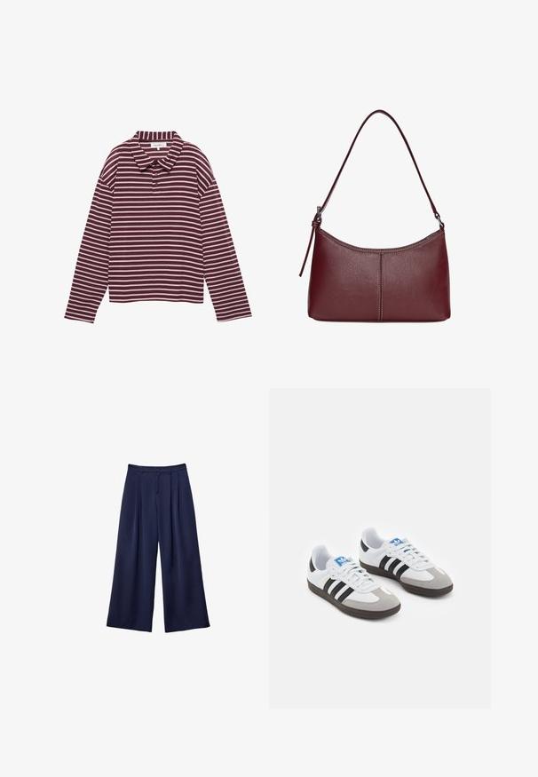 Dlhý rukáv bordovej a bielej pruhovanej polo košeli s golierom a tromi gombíkmi na krku.; Námornícky modré široké nohavice s pukmi, zapínaním na gombík a pútkami na opasok, zobrazené ležiace na bielom pozadí.; Športové topánky s bielym koženým zvrškom, šedou semišovou špičkou a tromi čiernymi pruhmi. Obsahujú modré logo na jazyku a štruktúrovanú gumovú podrážku.; Bordová kožená kabelka s zakriveným tvarom, s jedným ramenným popruhom a prešitými detailmi v strede. Hladký povrch, minimalistické príslušenstvo.