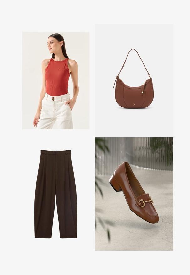 Jimmy Key SLIM FIT HALTER NECK BASIC TOP - Top - brown; Brown high-waisted trousers with pleats, made of smooth fabric. Loose fit, straight leg design, featuring belt loops and a zip fly.; Brown patent leather loafer with square toe, metallic chain accent, and low block heel; smooth texture, minimalist design.; Brown faux leather shoulder bag with curved shape, minimal stitching, and a gold-tone hardware accent. Features a top zipper closure and adjustable strap.