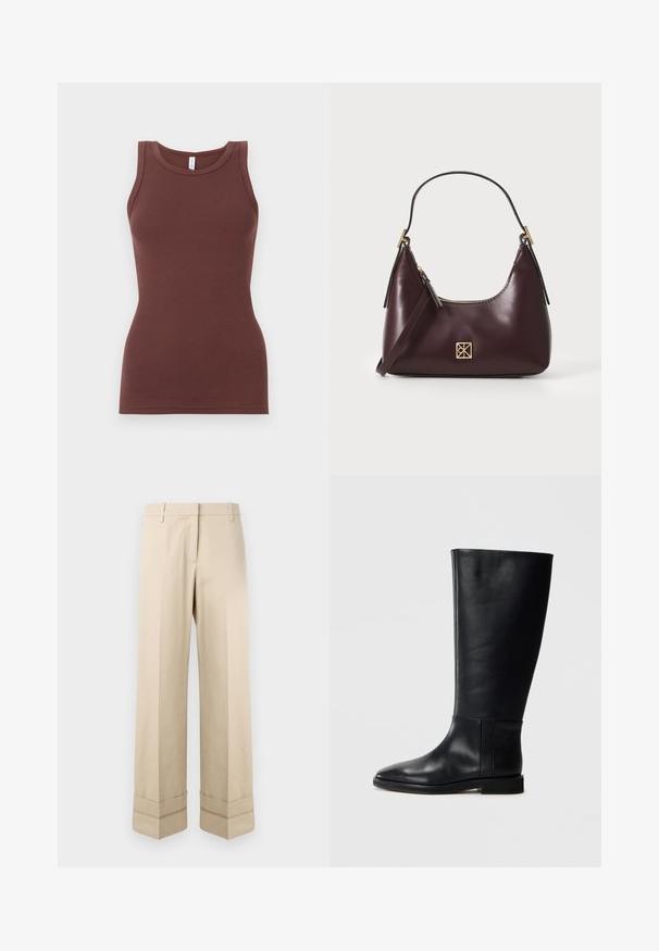 Rjava, rebrasta majica brez rokavov z okroglim izrezom. Narejena iz mehkega blaga, tesno prilegajoča oblika brez okraskov ali vzorcev.; Bež hlače s ravnim krojem, ki imajo dvojni rob na robu in ravno sprednjo zasnovo. Narejene so iz gladkega, trpežnega materiala.; Črne usnjene škornje do kolen z zaobljenim nosom, gladko teksturo, minimalističnim dizajnom in ravnim podplatom. Preproste šivane detajle na zgornjem delu.; Burgundska kožna torbica s zakrivljenim oblikom, zlatnimi detajli na opremi in zadrgo. Ima odstranljiv naramni trak.