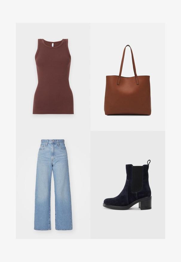 PRUUNID, ribaga tank-top ümmarguse kaelusega ja ilma varrukateta disainiga. Valmistatud pehmest kangast, keha lähedase lõikega, ilma dekoratsioonide või mustriteta.; Heledad sinine kõrge vöökohaga laiad teksad, ees nupp ja tõmblukk, ees ja taga taskud, valge tausta peal.; Tumedat siniset nahast sääre pooled saapad elastse külgpaneeliga, ümmarguse ninaga ja blokkninaga. Tekstuuriga kangas ja siledad tallad lisavad kontrasti.; Pruun nahast tote-kott, millel on sile tekstuur, avatud ülaosa disain ja kaks õlarihma. Omab minimaalset õmblust ja nähtavat riistvara ei ole.