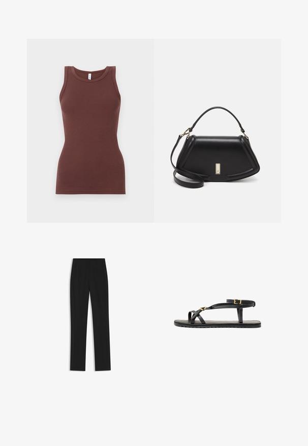 Ruskea, ribattu toppi pyöreällä pääntiellä ja hihattomalla suunnittelulla. Valmistettu pehmeästä kankaasta, muotonsa mukainen ilman koristeita tai kuvioita.; Mustat räätälöidyt housut suoran lahkeen designilla, joissa on etutaskut ja sileä, teksturoitu kangas. Siistit, minimalistiset yksityiskohdat.; Mustat nahkasaappaat, joissa on ohuet hihnat ja soljellinen nilkkahihna. Tasainen pohja tekstuurilla ja sahalaitareunalla. Minimalistinen muotoilu.; Mustalla nahkalaukulla, jossa on jämäkkä muotoilu, lyhyt malli, yläkahva ja kultaiset yksityiskohdat. Säädettävä olkahihna sisältyy.