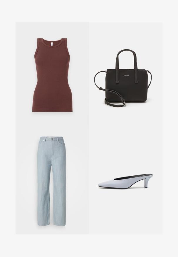 Hnědý žebrovaný tílko s kulatým výstřihem a bez rukávů. Vyrobeno z měkké tkaniny, s přiléhavým střihem bez ozdob a vzorů.; Světlé modré džíny rovného střihu z denimu. Obsahují pět kapes, kovové zapínání a jemné stárnutí pro texturu.; Světle modrý lakovaný kožený mule s špičatou špičkou, nízkým transparentním podpatkem a štíhlým designem s výřezem na nártu.; Černá kabelka s dvojitými krátkými uchy a odnímatelným ramenním popruhem. Hladký koženkový materiál s uzávěrem na zip a detailem loga.
