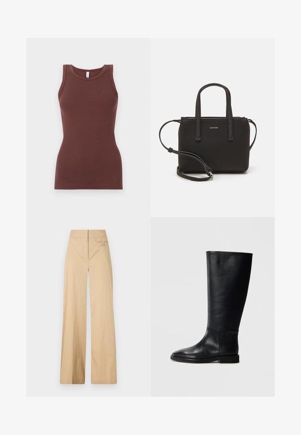 Rudas, raukšlėtas maikutė be rankovių su apvaliu iškirpimu. Pagaminta iš minkštos medžiagos, prigludusios silueto, be puošmenų ar raštų.; Smėliniai plačiakelniai kelnių pagaminti iš medvilnės ir sintetinės medžiagos mišinio. Turi lygų tekstūrą, elastingą juosmenį ir šoninį mygtuko akcentą.; Juodos odinės kelio ilgio boot'ai su apvaliu pirštu, lygia tekstūra, minimalistiniu dizainu ir plokščiu padu. Paprasti siuvinėjimo detalės ant šonu.; Juoda rankinė su dviem trumpais rankenėlėmis ir nuimamu petį. Lygaus odos tipo medžiaga su užtrauktuku ir logotipo detale.