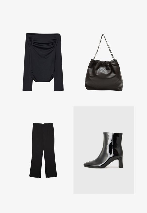 Schwarzes Off-Shoulder-Oberteil mit langen Ärmeln, das über geraffte Details an der Vorderseite und eine glatte Textur verfügt. Leichtes Material mit figurbetonter Passform.; Schwarze Hose mit geradem Schnitt, ausgestattet mit Fronttaschen und Seitenschlitzen am Saum. Hergestellt aus weichem, glattem Stoff. Geeignet für verschiedene Anlässe.; Schwarzer Lackleder-Stiefelette mit spitzer Zehe und einem mittelhohen Blockabsatz. Glatte Textur und minimalistisches Design.; Braune Lederhandtasche mit gerafftem Oberteil und Kettenriemen. Glatte Textur mit glänzendem Finish und subtilen Nahtdetails an den Seiten.