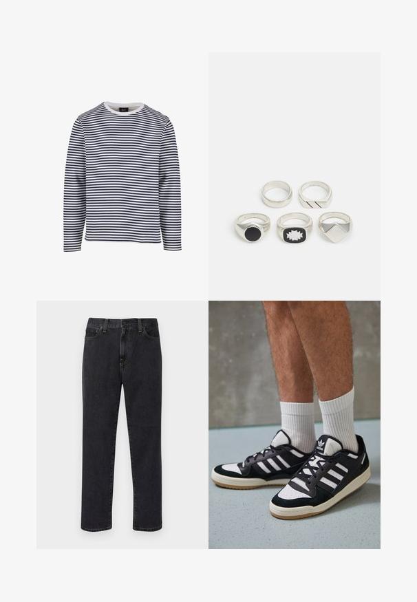 Cămașă cu mâneci lungi, cu dungi orizontale bleumarin și alb, decolteu rotund, din material de bumbac și cu o croială lejeră.; Jeanșii negri cu picior drept, dotati cu buzunare frontale, bucle pentru curea și închidere cu nasture, expuși pe un fundal alb.; Adidași negri și albi cu un superior din suede și piele, prevăzuți cu trei dungi albe, un vârf perforat și o talpă din cauciuc caramel.; Cinco inele argintii: unul cu un detaliu circular negru, unul cu un model geometric alb și negru, iar celelalte cu forme și finisaje diverse.