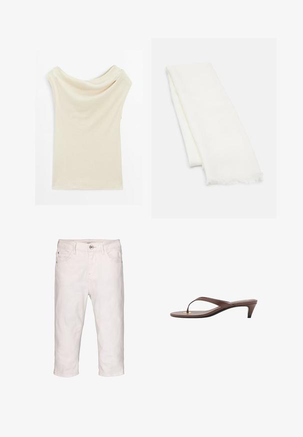 Beige off-shoulder top van zacht, lichtgewicht materiaal. Heeft een gedrapeerd ontwerp met korte mouwen en een gladde textuur.; Witte denim capripan met een knoopsluiting, vijf zakken en een rechte snit. Heeft een lichte textuur en omgezoomde enkels.; Bruine hakken flip-flop sandaal met een slanke band en ronde teenpost, met een kleine gouden accent op de voetbed.; Codello SUPERSOFTER SCHAL - Sjaal - white medium; Witte leren handtas met een geweven textuur, lange schouderriem, ritssluiting en een decoratief logo. Beschikt over kwastaccenten aan de uiteinden.