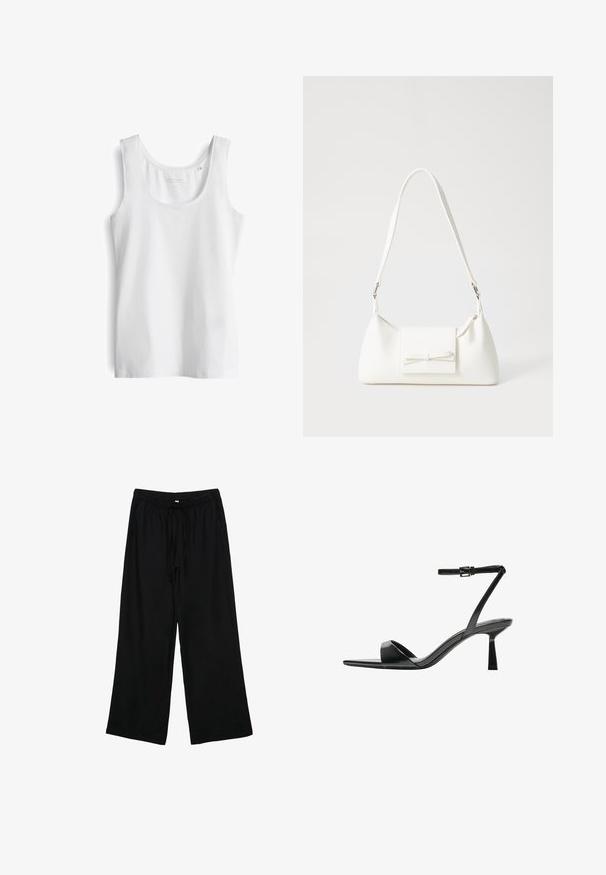 Top bianco a canotta con scollatura a giro, realizzato in tessuto leggero e liscio. Presenta spalline larghe e un orlo dritto.; Pantaloni neri leggeri a gamba larga con vita elastica e cordino. Texture liscia, senza motivi o componenti visibili.; Bershka Sandali con tacco - black; Borsa sintetica bianca a forma triangolare, con patta anteriore piatta e dettaglio a fiocco, tracolla regolabile, texture liscia e design minimalista.